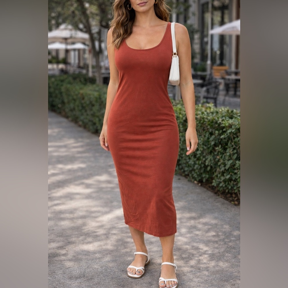Sleek Ribbed Tank Midi Dress — Rust